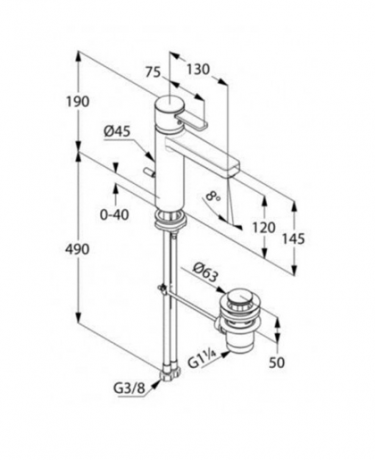 Смеситель KLUDI ZENTA XXL 382640575 для раковины на одно отверстие однорычажный с донным клапаном