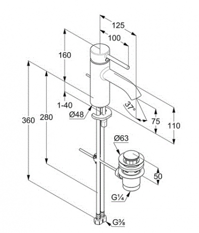 Смеситель KLUDI BOZZ 382700576 для раковины на одно отверстие однорычажный с донным клапаном