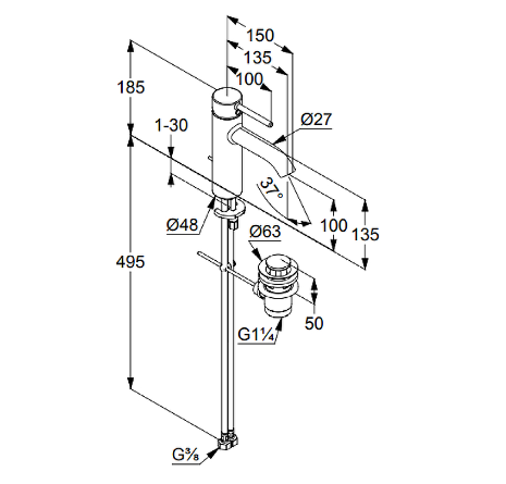 Смеситель KLUDI BOZZ 382800576 для раковины на одно отверстие однорычажный с донным клапаном