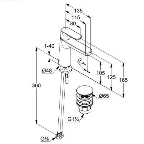 Смеситель KLUDI LOUVA 242880575 для раковины на одно отверстие однорычажный с донным клапаном