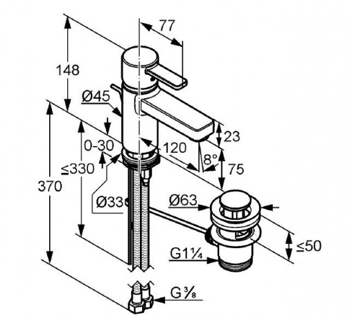 Смеситель KLUDI ZENTA 382609175 для раковины на одно отверстие однорычажный с донным клапаном