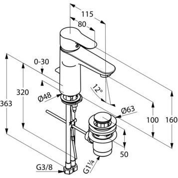 Смеситель KLUDI OBJEKTA 322600575 для раковины на одно отверстие однорычажный с донным клапаном
