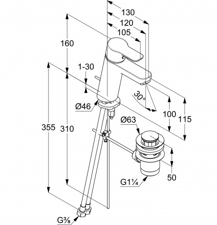 Смеситель KLUDI PURE&EASY XL 371900565 для раковины на одно отверстие однорычажный с донным клапаном