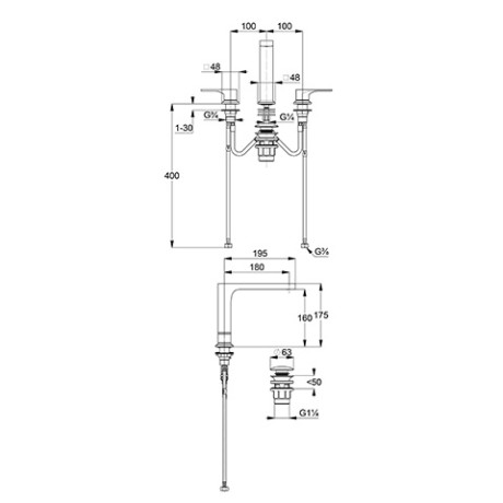 Смеситель KLUDI DECUS 54393N275 для раковины на три отверстия двухвентильный